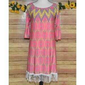 R. Rouge Pink Hippie Retro Midi Dress Size S Bell Sleeves Fringe Colorful Bright